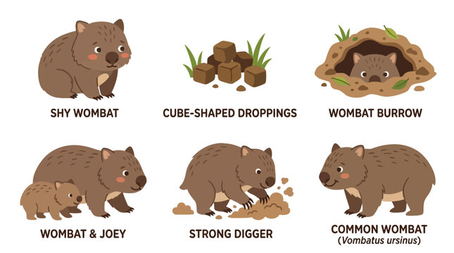 Cute wombat cartoon illustrations with characteristics and features