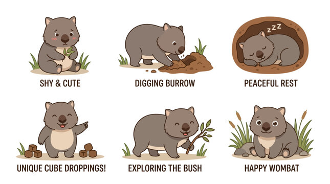 Adorable wombat showcasing various behaviors and emotions in different scenes