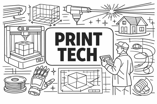 3D Printing Workshop. Clean outline line art banner of additive manufacturing with one engineer monitoring an oversized 3D printer and giant printed cube,