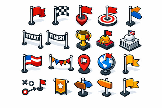 Flag Marker Symbols Collection of isometric vector icons showing waving flag, victory flag, map marker flag, target flag, direction banner, start flag, finish