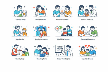 Fototapeta premium Progress Growth Outline Icons. Progress and growth editorial banner with geometric characters beside an oversized upward arrow and large mountain chart across
