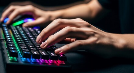 Fototapeta premium Close up of hands typing on a colorful RGB gaming keyboard in a dark room