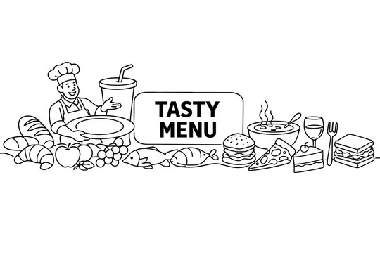 Food Drink Variety. Clean one-line drawing banner scene of a chef presenting an oversized plate and large drink cup, with bread, fruit, fish, burger, pizza