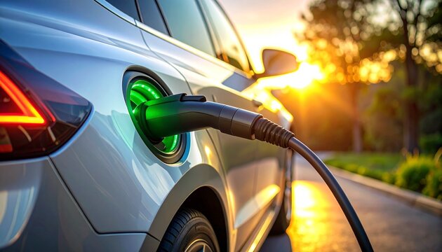 Electric Car Charging in Sunlight: An electric car gracefully replenishes its energy stores as the sun dips below the horizon, illuminating a scene of clean, sustainable transport