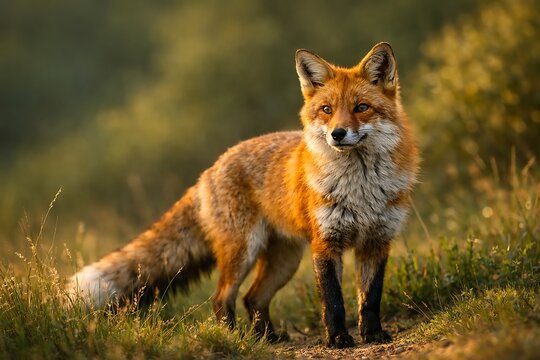 Red fox standing alert in golden sunlit meadow with tall grass and soft bokeh background
