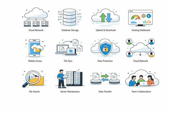 Cloud Computing Network. Cloud storage, servers, databases, hosting, file transfer, syncing and network access. minimalist editorial vector scenes: a cloud