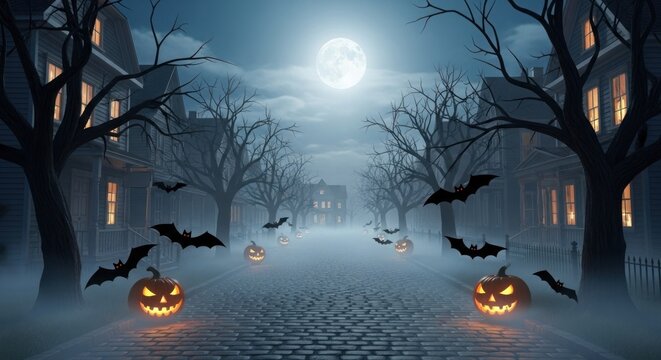 A spooky Halloween night street scene with glowing jack-o'-lanterns, flying bats, and ominous fog.