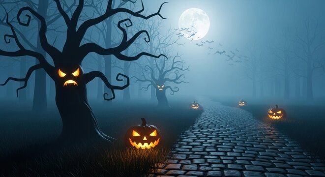 A cobblestone path winds through a spooky Halloween forest, illuminated by jack-o'-lanterns and an eerie moonlight.