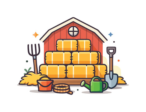 Agricultural storage concept representing organization and abundance, a tidy barn scene with evenly stacked hay blocks and minimal scattered tools forming a