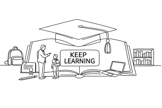 Education Learning Series. Clean one-line drawing composition with an oversized open book and large graduation cap extending across the whole canvas, one