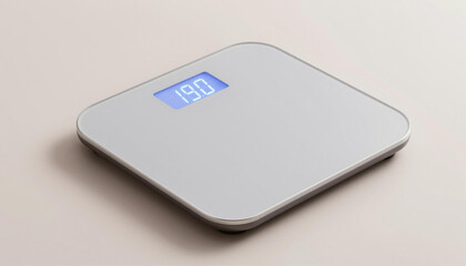 Fototapeta premium Sleek white digital bathroom scale with blue backlit LCD displaying 190, slim rounded square design for home body weight tracking