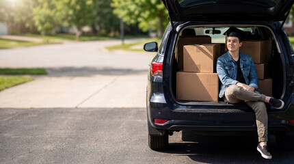 Graduate man sitting in back of car with cardboard boxes. Young student move out concept. High school or college commencement. Education transition and independence in life. New beginning.