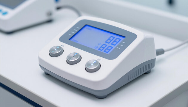 Compact electrotherapy device with digital display and control knobs on a clinic countertop