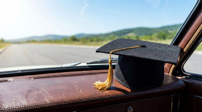 Graduation cap on car dashboard with road view. Concept of beginning life journey after university or college. Academic achievement celebration and future success travel adventure.