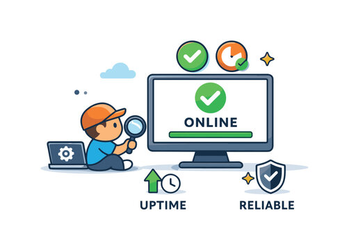 DevOps engineer pipeline flow represented by a mini character observing a stable production endpoint with status indicators, expressing monitoring, uptime, and