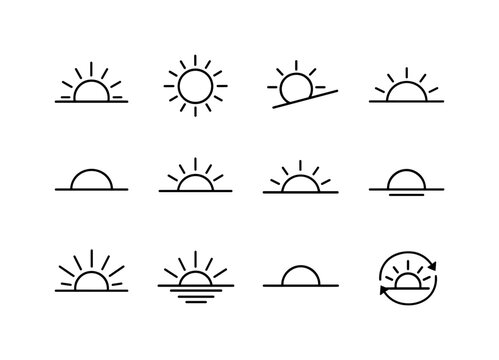 Sun Phases. Line icon set of Sun Phases: sunrise icon, midday sun, afternoon sun, sunset icon, sun below horizon, dawn sun, dusk sun, rising sun rays, setting