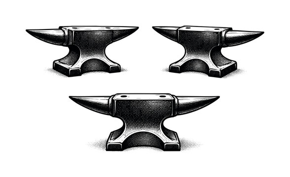 Double horn anvils, symmetrical blacksmith anvil with two opposing horns, central face, and solid waist, shown as the same object in left profile, right