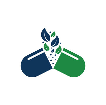 herbal capsule pill leaf medicine logo vector icon illustration Template.