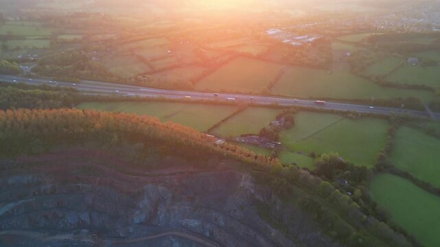 Aerial View of Old Cliffe hill Quary Mines hills and mountains During Sunrise Morning. Drone Camera Footage Was Captured on 26th April, 2024.