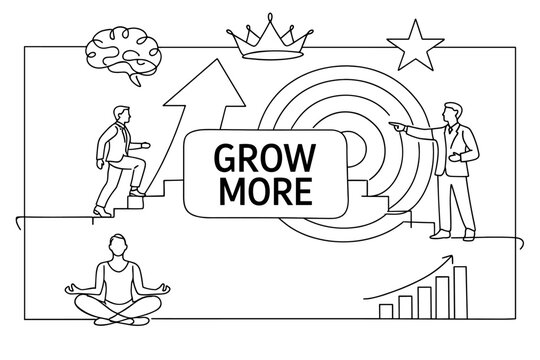 Personal Growth Series. Clean one-line drawing composition with an oversized upward arrow and large target stretching edge to edge, one business person