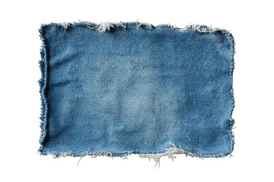 Blue denim fabric ragged patch with frayed edges, revealing textile texture and ripped fashion style, isolated on transparent background