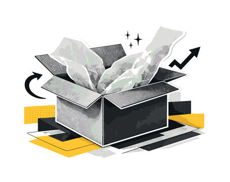 Black and white close-up of an open box with tissue paper lifting upward, realistic retro cut-out collage effect with white contour, abstract blocks, arrows