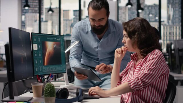 Team generating detailed videos of Mars and satellite with AI chatbot, using prompts on virtual assistant. Colleagues interact with artificial intelligence, generative models for solar system.
