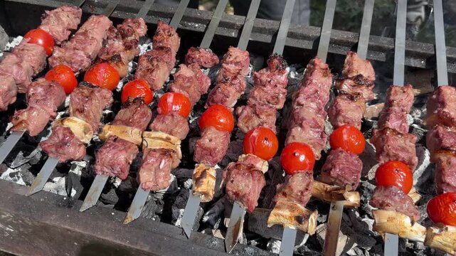 Fresh shashlik skewers with marinated meat and cherry tomatoes on a hot mangal grill at an Israeli Independence Day outdoor picnic
