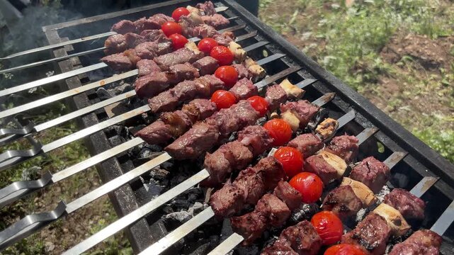 Grilled shashlik skewers with meat and cherry tomatoes sizzling on a hot mangal grill at an Israeli Independence Day outdoor picnic
