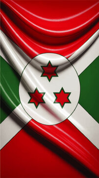 Burundi Flag Close Up Illustration with Waving Fabric Texture, Red White Green Colors and Central Emblem Background