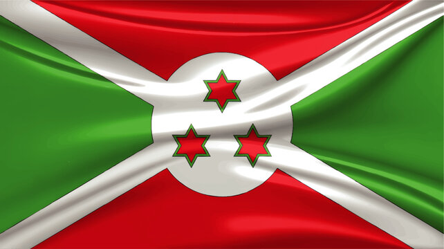 Waving Burundi Flag Background Illustration with Red Green White Colors, Cross Design, Circle Emblem and Three Stars