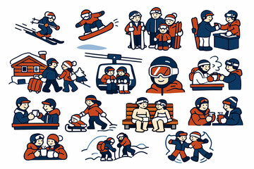Fototapeta premium Ski Resort Stories flat vector digital illustration, doodle flat, thick outline, expressive characters, simple shapes, playful proportions, exaggerated scale,
