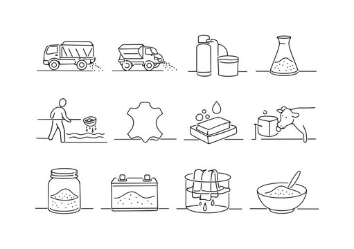 Industrial and Everyday Uses of Salt. Minimalistic set one-line drawing road de-icing truck, salt spreader on road, water softener unit, chemical lab flask