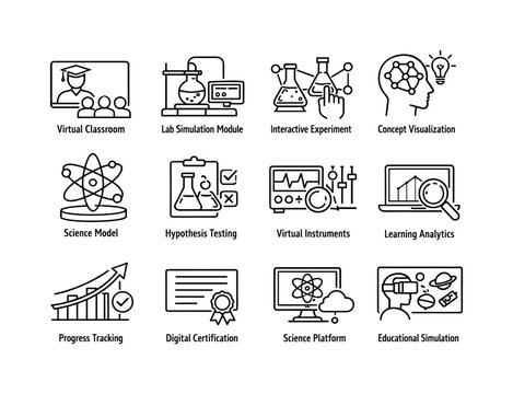 Simulation based science education. Line icon set of simulation based science education: virtual classroom, lab simulation module, interactive experiment,