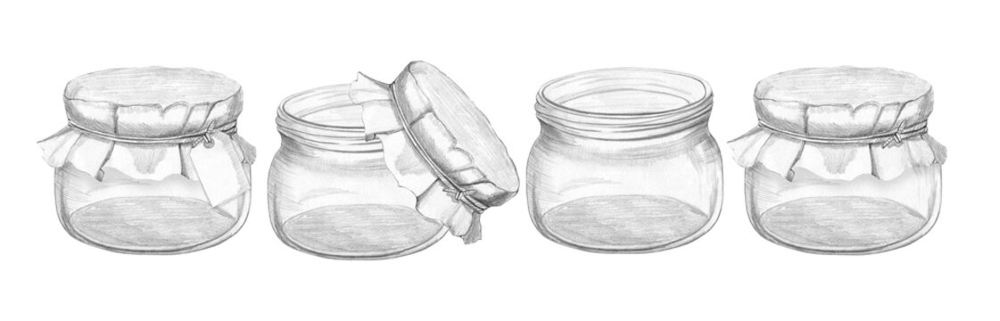 Set of hand-drawn pencil sketches featuring vintage glass jars with paper covers and tags, isolated on white background, for kitchen labels, jam packaging, and rustic craft designs.