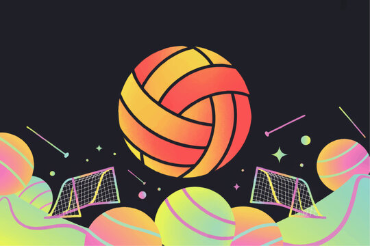Colorful Volleyball Illustration with Neon Sports Nets and Abstract Cosmic Landscape on Dark Background
