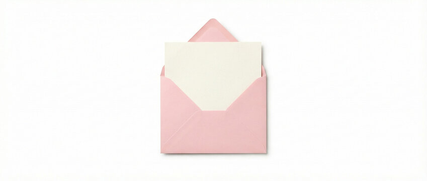 Isolado: envelope rosa aberto com um cart&atilde;o em branco no fundo branco