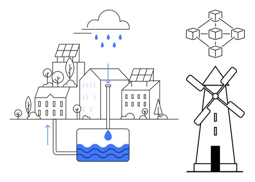 Renewable energy, water conservation, eco-friendly living, blockchain, smart cities, clean energy. Buildings with solar panels, windmill rainwater harvesting and blockchain structure. Renewable