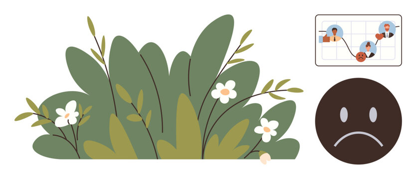 Communication barriers, social interactions, loneliness, mental health, emotional well-being, nature. A visual chart of connections, sad face foliage with flowers. Communication barriers