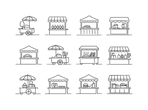 Festival and Fairground Food Booths. Minimalistic set one-line drawing [cotton candy cart, caramel apple stand, funnel cake stall, lemonade booth, nachos
