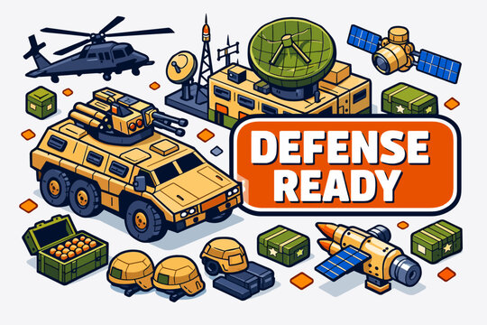Military Defense Equipment Military Defense Equipment clean focused isometric composition with oversized armored vehicle and radar station beside helicopter