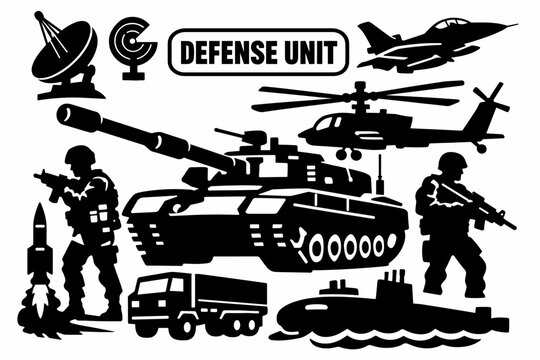 Army Defense Forces. Clean solid/filled composition of a military operations scene with two soldiers, oversized tank and helicopter as dominant objects, small