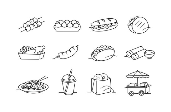 Night Market Street Food. Minimalistic set one-line drawing skewered meat sticks, takoyaki balls tray, banh mi sandwich, arepa pocket, fish and chips box,