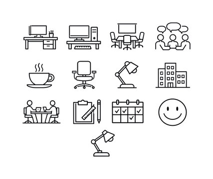 Office & Work Environment. Line icon set of Office & Work Environment: office desk, computer workstation, meeting room, teamwork discussion, coffee break,
