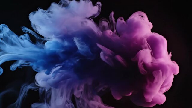 Purple and blue smoke swirling in dark background. Abstract ink cloud diffusing in liquid. Dynamic colorful gaseous formation for artistic visual effect design.