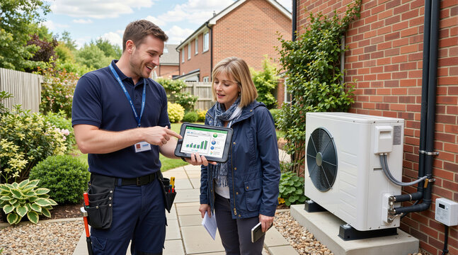Technician explaining energy efficiency data on a tablet to a homeowner. Man showing a woman how an air source heat pump works. Renewable home heating and cooling technology service