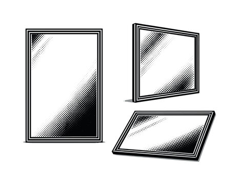 Mirror ? classic rectangular wall mirror with thin frame sharp corners and flat reflective surface shown as a single object. Black and white dot style with