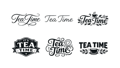 Obraz premium Tea Time. Set lettering. harmonious lettering variations of the same emblematic concept, each with different artistic interpretation (Elegant script with