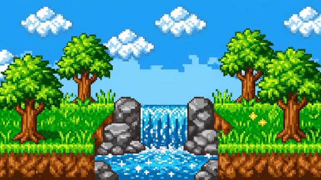 A vibrant 8 bit pixel art landscape featuring a sparkling waterfall, lush green trees, and fluffy clouds under a blue sky, evoking a retro video game aesthetic.