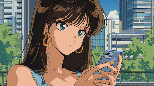 スマートフォンを手に持ち街中で立つ女性を描いたイラスト、日常の中の情報収集やコミュニケーションの瞬間を切り取った現代的なライフスタイル表現、街並みと人物のバランスが美しく映像や広告素材としても活用できる高品質ビジュアル作品